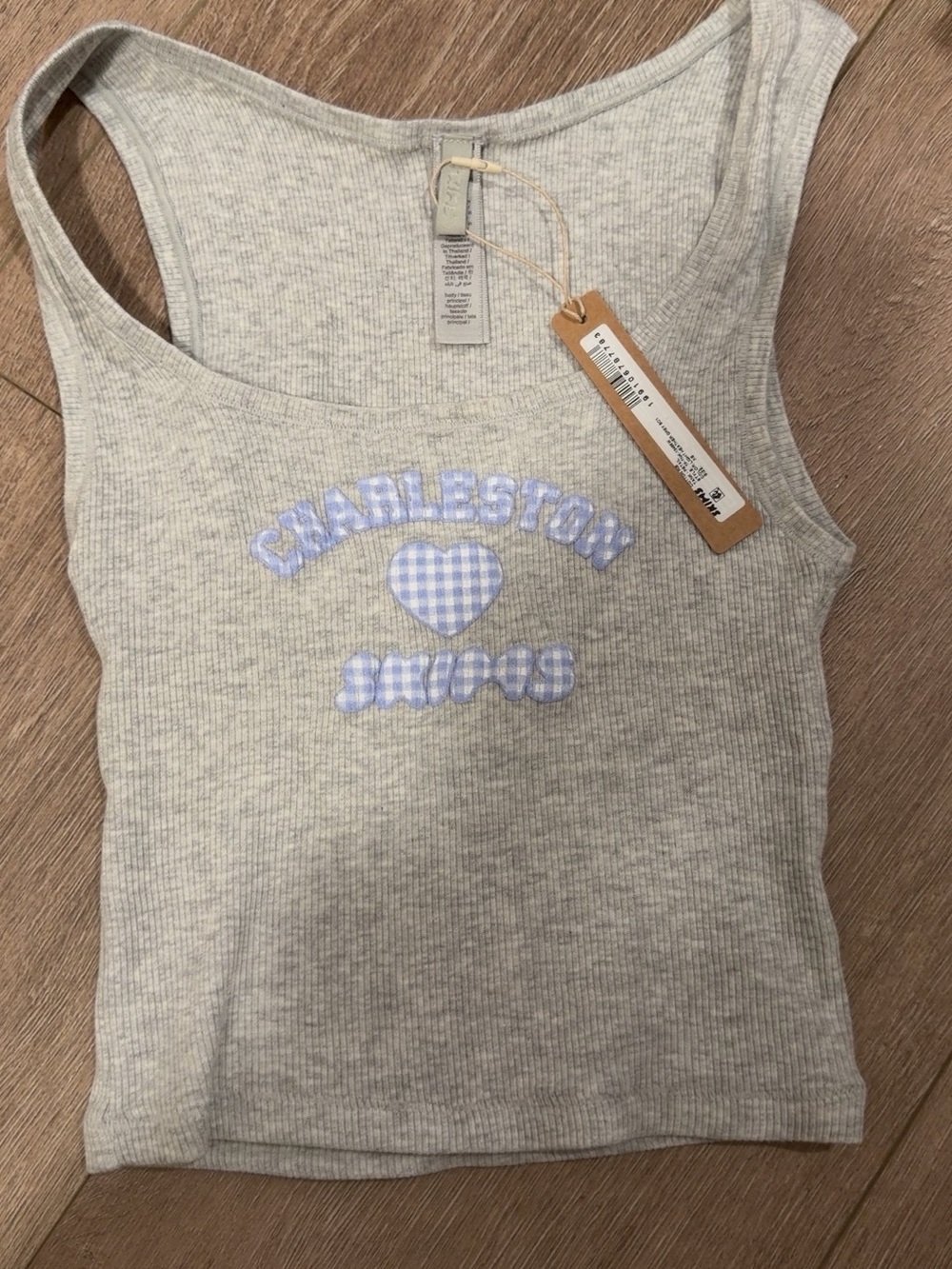 SKIMS Heather Gray Ribbed Tank with Blue Gingham Heart Graphic